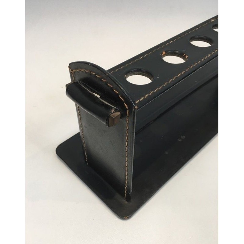 Modernist Black Leather Pipe Holder by Jacques Adnet, French circa 1950
