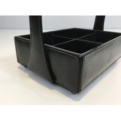 Modernist Black Leather Desk Organiser with Chrome Arch Handle by Jacques Adnet, French circa 1950