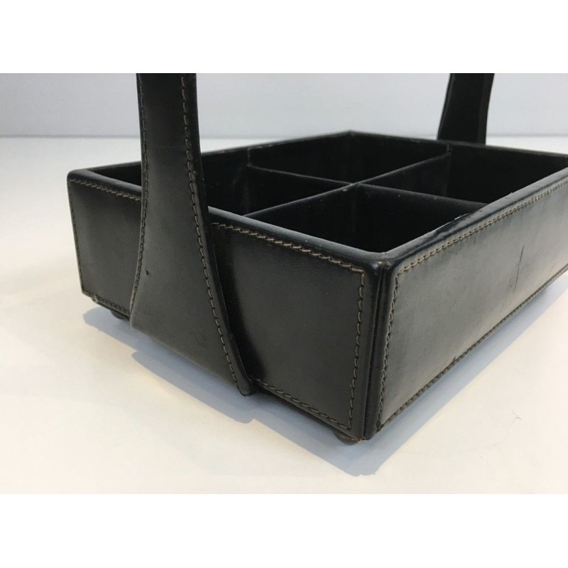 Modernist Black Leather Desk Organiser with Chrome Arch Handle by Jacques Adnet, French circa 1950