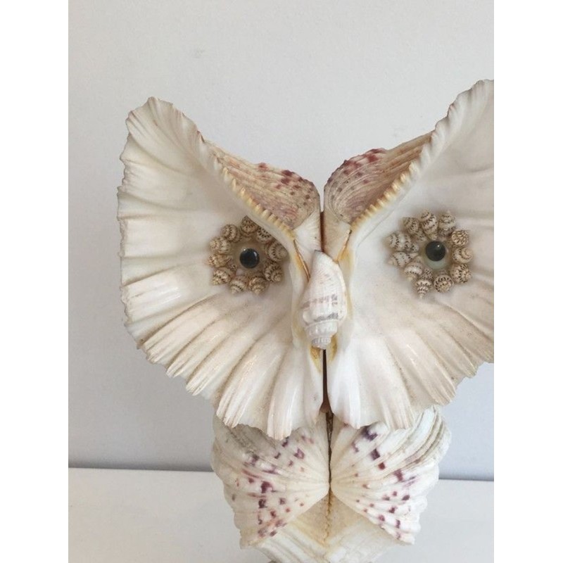 Decorative Owl Sculpture Assembled from Natural Shells, French circa 1970