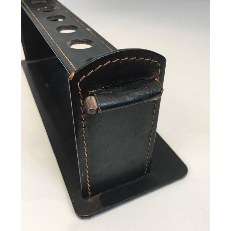 Modernist Black Leather Pipe Holder by Jacques Adnet, French circa 1950
