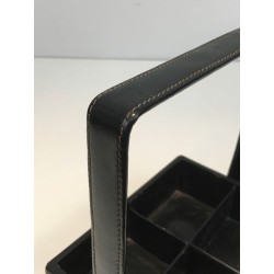 Modernist Black Leather Desk Organiser with Chrome Arch Handle by Jacques Adnet, French circa 1950