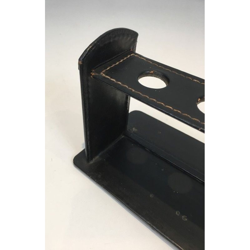 Modernist Black Leather Pipe Holder by Jacques Adnet, French circa 1950
