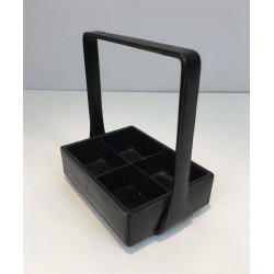 Modernist Black Leather Desk Organiser with Chrome Arch Handle by Jacques Adnet, French circa 1950