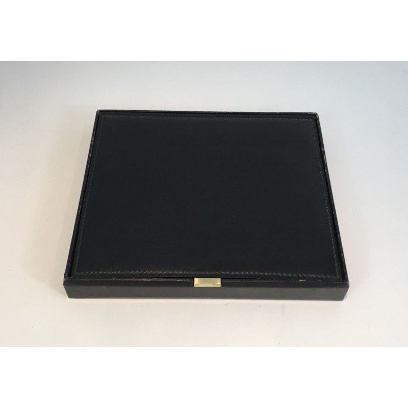 Modernist Black Leather and Brass Document Box with Suede Interior, French circa 1950