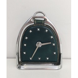 Modernist Leather and Chrome Desk Clock in Stirrup Form, Attributed to Jacques Adnet, French circa 1950
