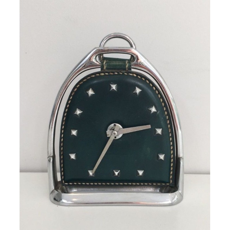 Modernist Leather and Chrome Desk Clock in Stirrup Form, Attributed to Jacques Adnet, French circa 1950