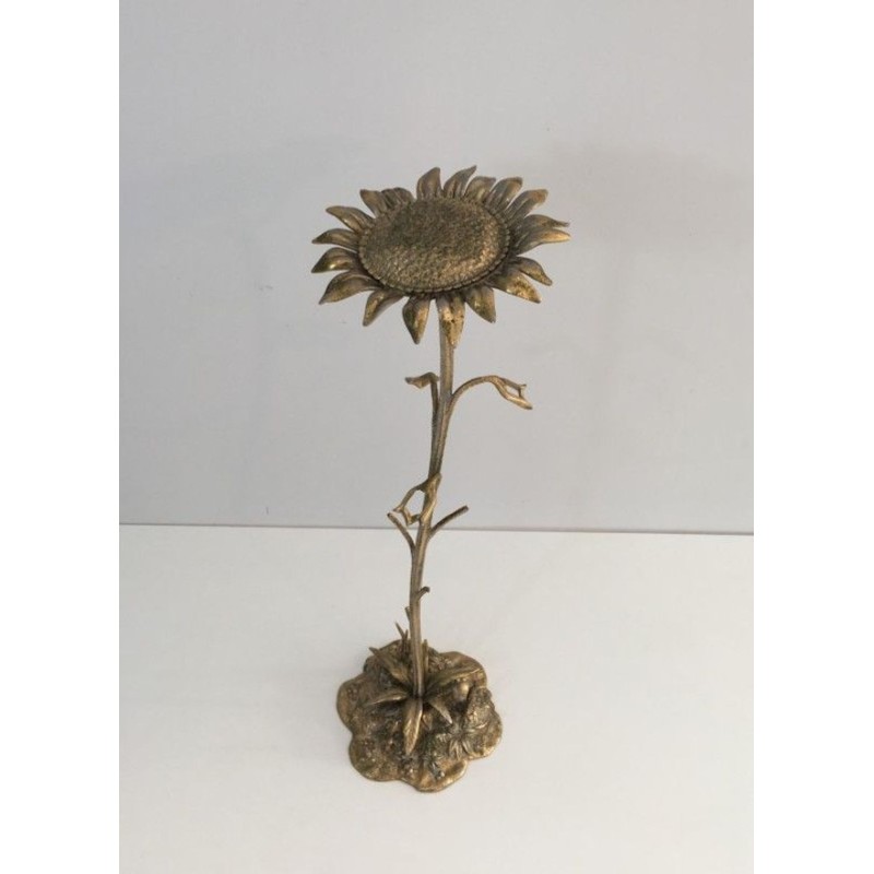 Decorative Gilded Bronze Sunflower Sculpture on Naturalistic Stem, French circa 1960