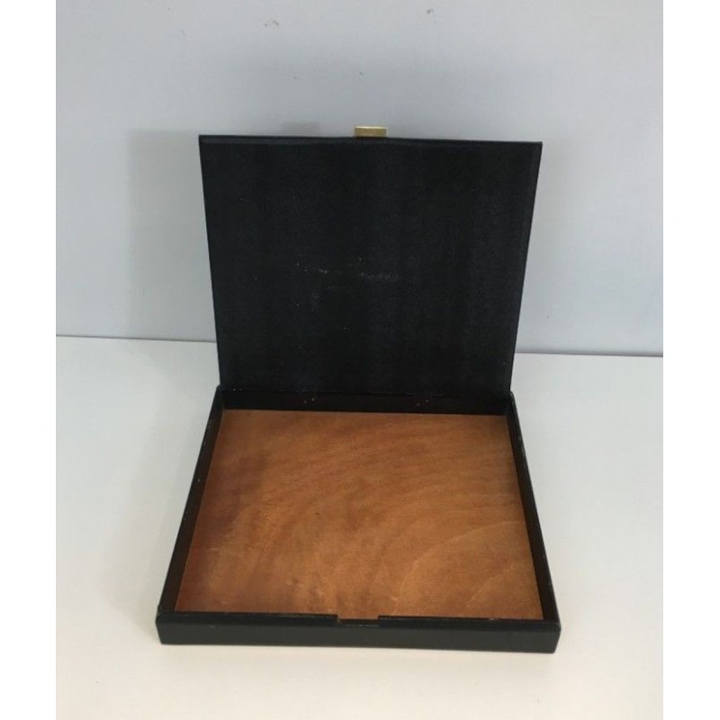 Modernist Black Leather and Brass Document Box with Suede Interior, French circa 1950