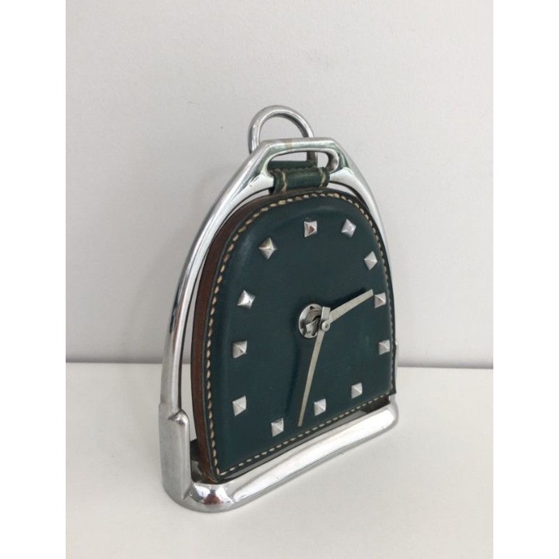 Modernist Leather and Chrome Desk Clock in Stirrup Form, Attributed to Jacques Adnet, French circa 1950