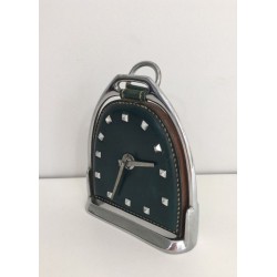 Modernist Leather and Chrome Desk Clock in Stirrup Form, Attributed to Jacques Adnet, French circa 1950