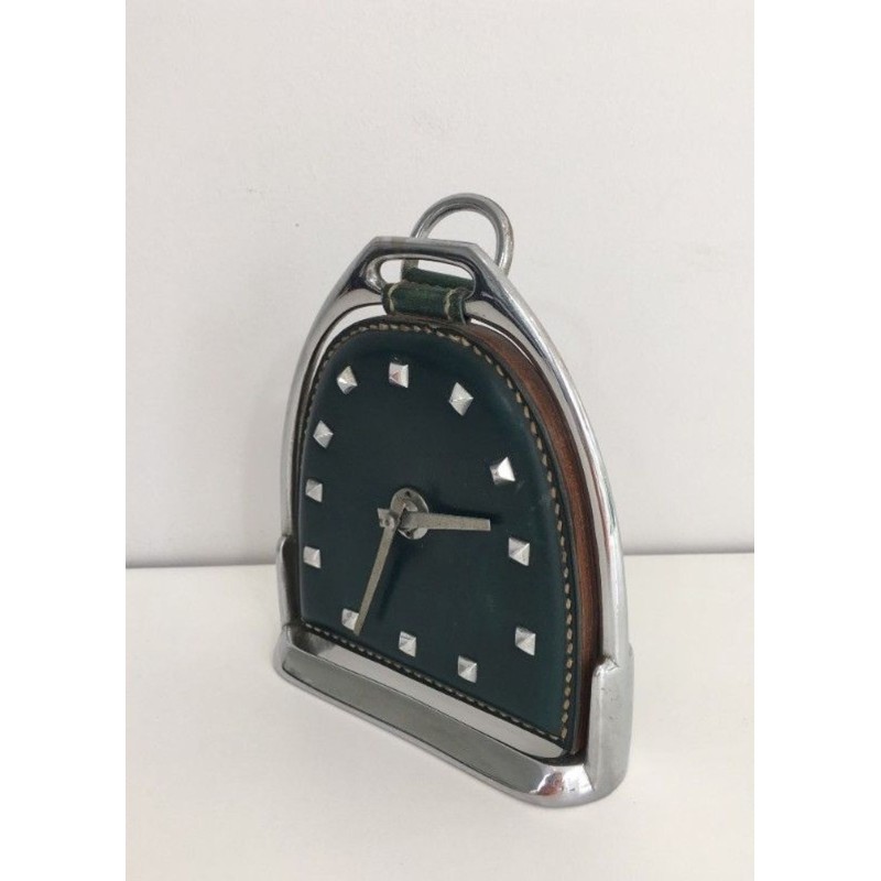 Modernist Leather and Chrome Desk Clock in Stirrup Form, Attributed to Jacques Adnet, French circa 1950
