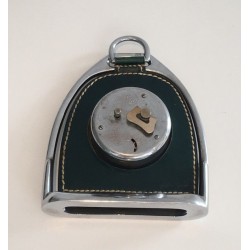 Modernist Leather and Chrome Desk Clock in Stirrup Form, Attributed to Jacques Adnet, French circa 1950