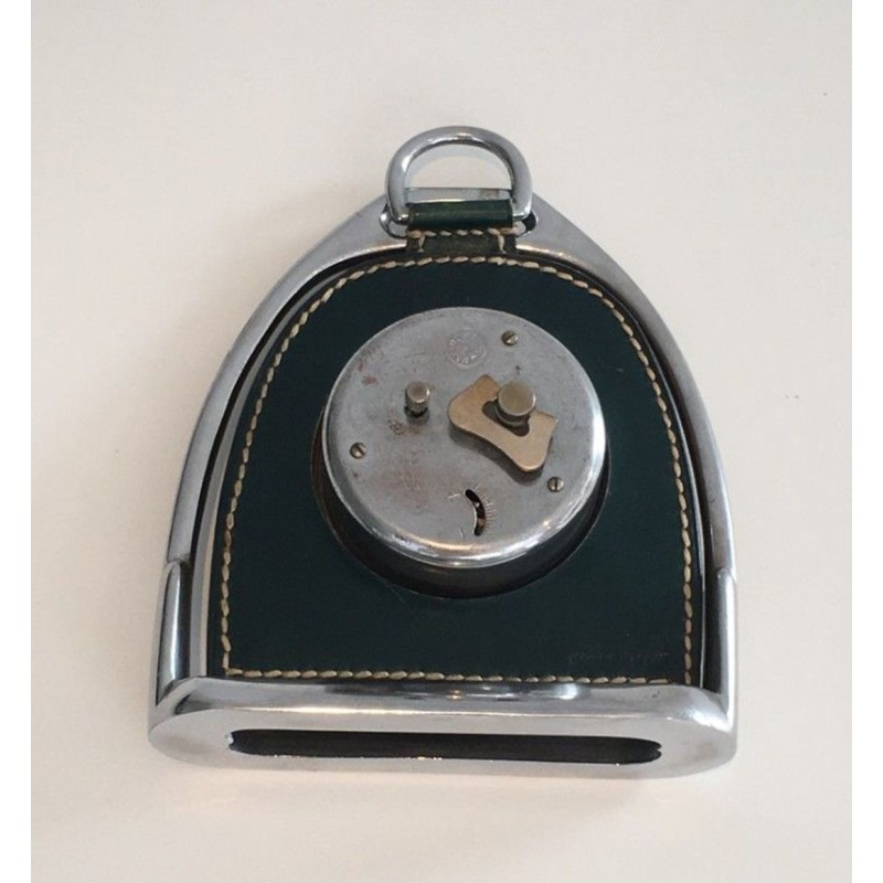 Modernist Leather and Chrome Desk Clock in Stirrup Form, Attributed to Jacques Adnet, French circa 1950