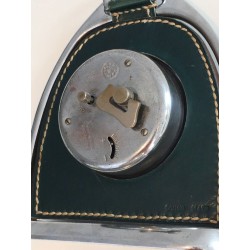 Modernist Leather and Chrome Desk Clock in Stirrup Form, Attributed to Jacques Adnet, French circa 1950