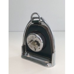 Modernist Leather and Chrome Desk Clock in Stirrup Form, Attributed to Jacques Adnet, French circa 1950