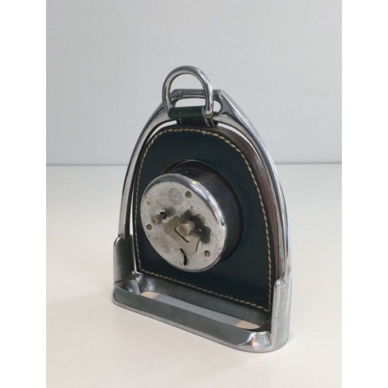 Modernist Leather and Chrome Desk Clock in Stirrup Form, Attributed to Jacques Adnet, French circa 1950