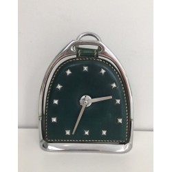 Modernist Leather and Chrome Desk Clock in Stirrup Form, Attributed to Jacques Adnet, French circa 1950