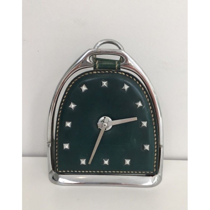 Modernist Leather and Chrome Desk Clock in Stirrup Form, Attributed to Jacques Adnet, French circa 1950