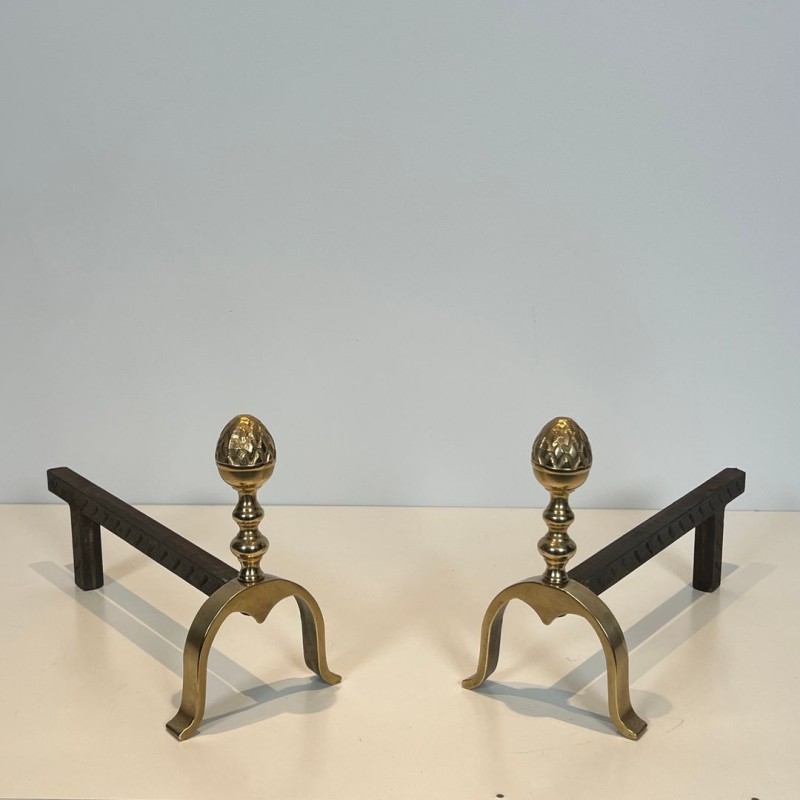 Pair of Neoclassical Brass and Iron Andirons with Pine Cone Finials, in the Style of Maison Jansen, circa 1940