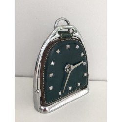 Modernist Leather and Chrome Desk Clock in Stirrup Form, Attributed to Jacques Adnet, French circa 1950
