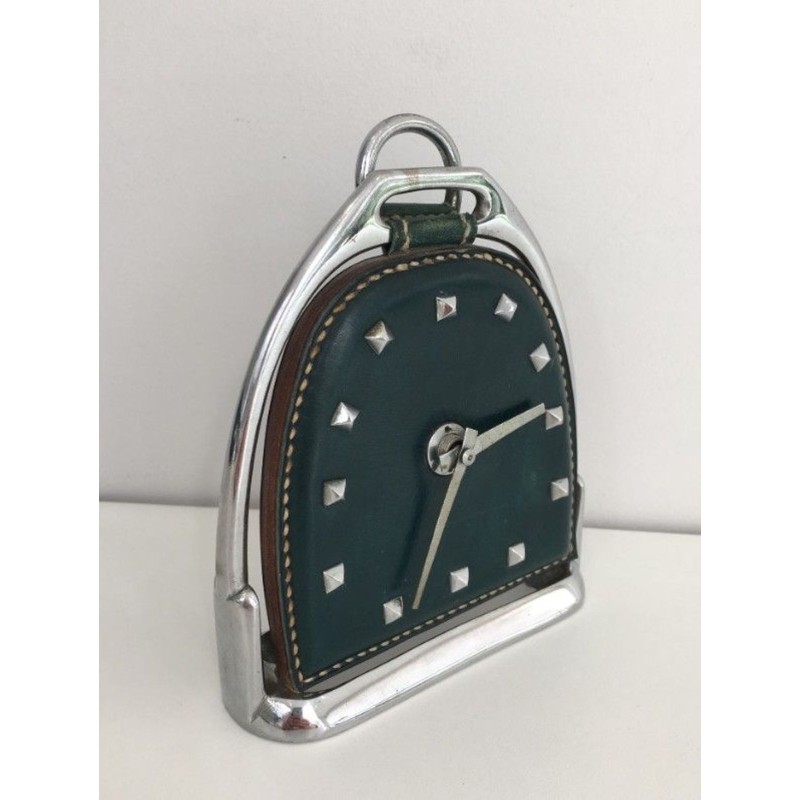 Modernist Leather and Chrome Desk Clock in Stirrup Form, Attributed to Jacques Adnet, French circa 1950
