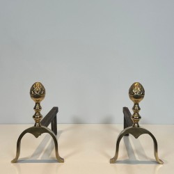 Pair of Neoclassical Brass and Iron Andirons with Pine Cone Finials, in the Style of Maison Jansen, circa 1940