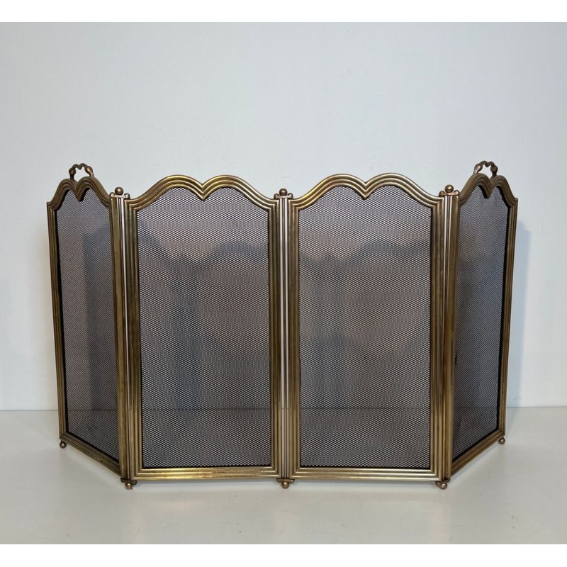 Ornate Neoclassical Brass and Wire Mesh Four-Panel Folding Fireplace Screen, Italian circa 1970