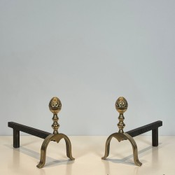 Pair of Neoclassical Brass and Iron Andirons with Pine Cone Finials, in the Style of Maison Jansen, circa 1940