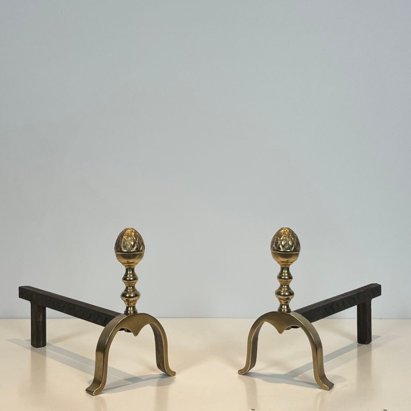 Pair of Neoclassical Brass and Iron Andirons with Pine Cone Finials, in the Style of Maison Jansen, circa 1940