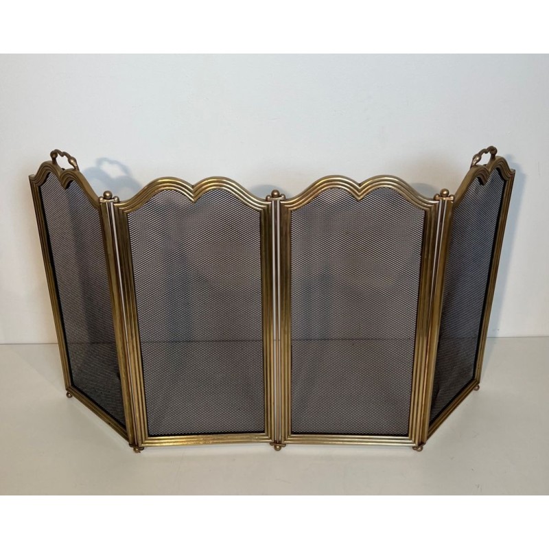 Ornate Neoclassical Brass and Wire Mesh Four-Panel Folding Fireplace Screen, Italian circa 1970