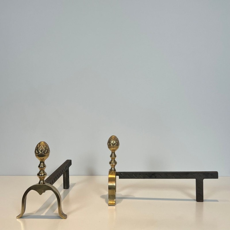 Pair of Neoclassical Brass and Iron Andirons with Pine Cone Finials, in the Style of Maison Jansen, circa 1940