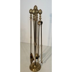 Tall Neoclassical Brass Companion Set with Pine Cone Finials, in the Style of Maison Baguès, circa 1970