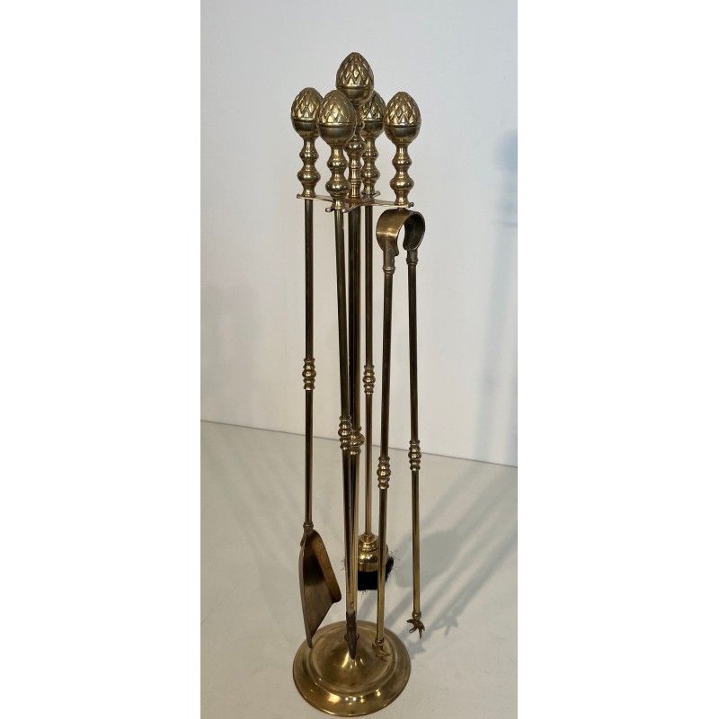 Grand Nécessaire de Cheminée en Laiton aux Pommes de Pin, dans le Goût de Baguès, vers 1970