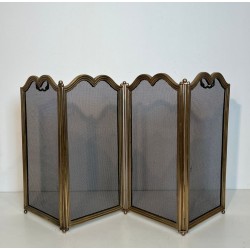 Ornate Neoclassical Brass and Wire Mesh Four-Panel Folding Fireplace Screen, Italian circa 1970