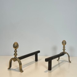 Pair of Neoclassical Brass and Iron Andirons with Pine Cone Finials, in the Style of Maison Jansen, circa 1940