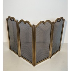 Ornate Neoclassical Brass and Wire Mesh Four-Panel Folding Fireplace Screen, Italian circa 1970