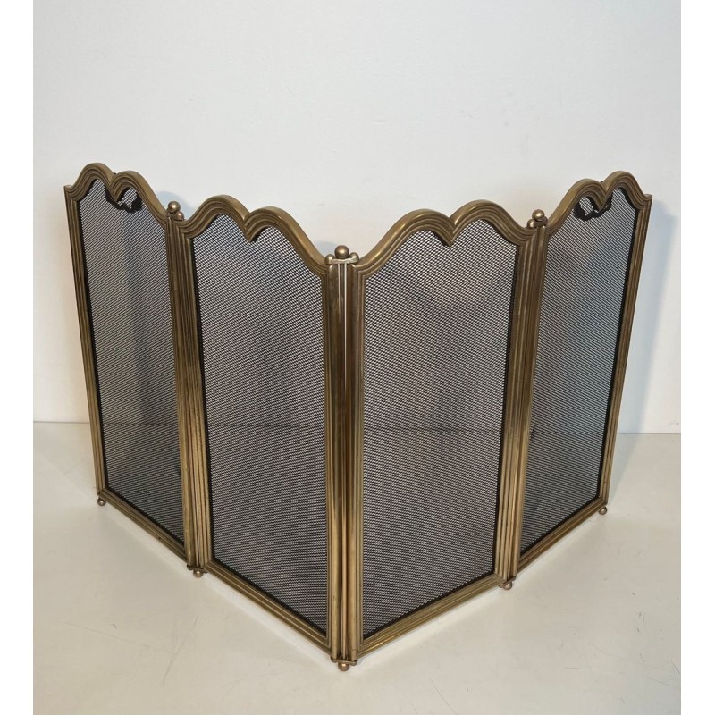 Ornate Neoclassical Brass and Wire Mesh Four-Panel Folding Fireplace Screen, Italian circa 1970