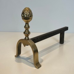 Pair of Neoclassical Brass and Iron Andirons with Pine Cone Finials, in the Style of Maison Jansen, circa 1940