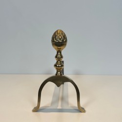 Pair of Neoclassical Brass and Iron Andirons with Pine Cone Finials, in the Style of Maison Jansen, circa 1940
