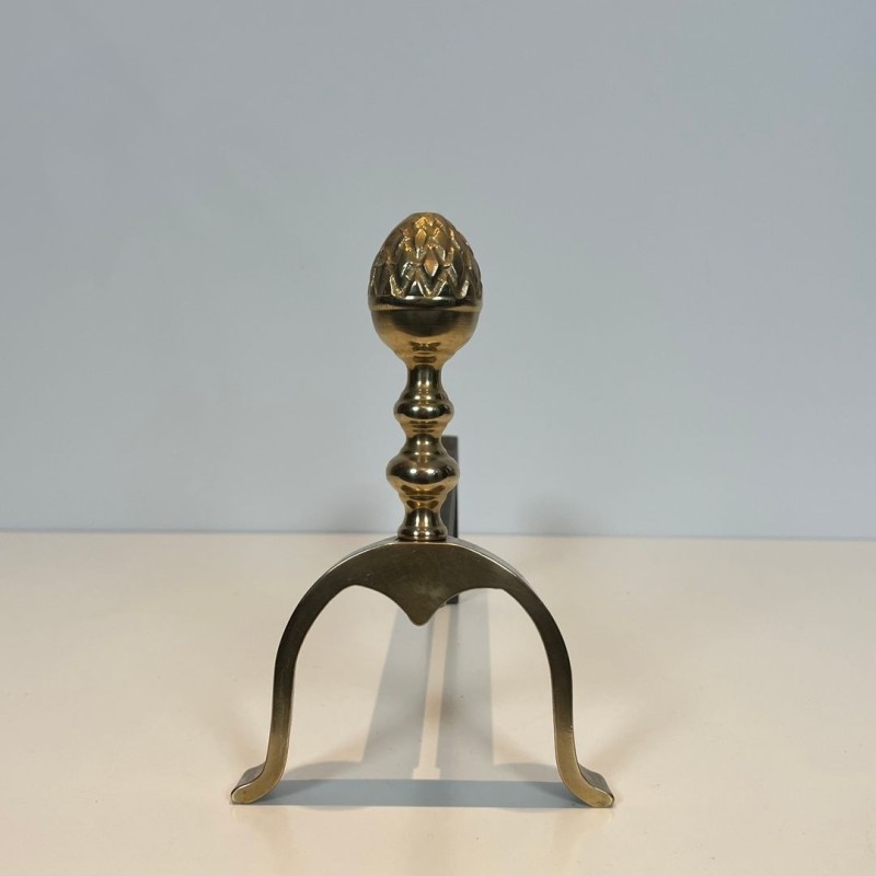 Pair of Neoclassical Brass and Iron Andirons with Pine Cone Finials, in the Style of Maison Jansen, circa 1940