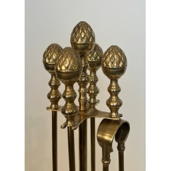 Grand Nécessaire de Cheminée en Laiton aux Pommes de Pin, dans le Goût de Baguès, vers 1970