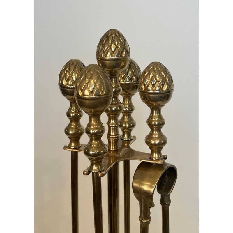 Grand Nécessaire de Cheminée en Laiton aux Pommes de Pin, dans le Goût de Baguès, vers 1970