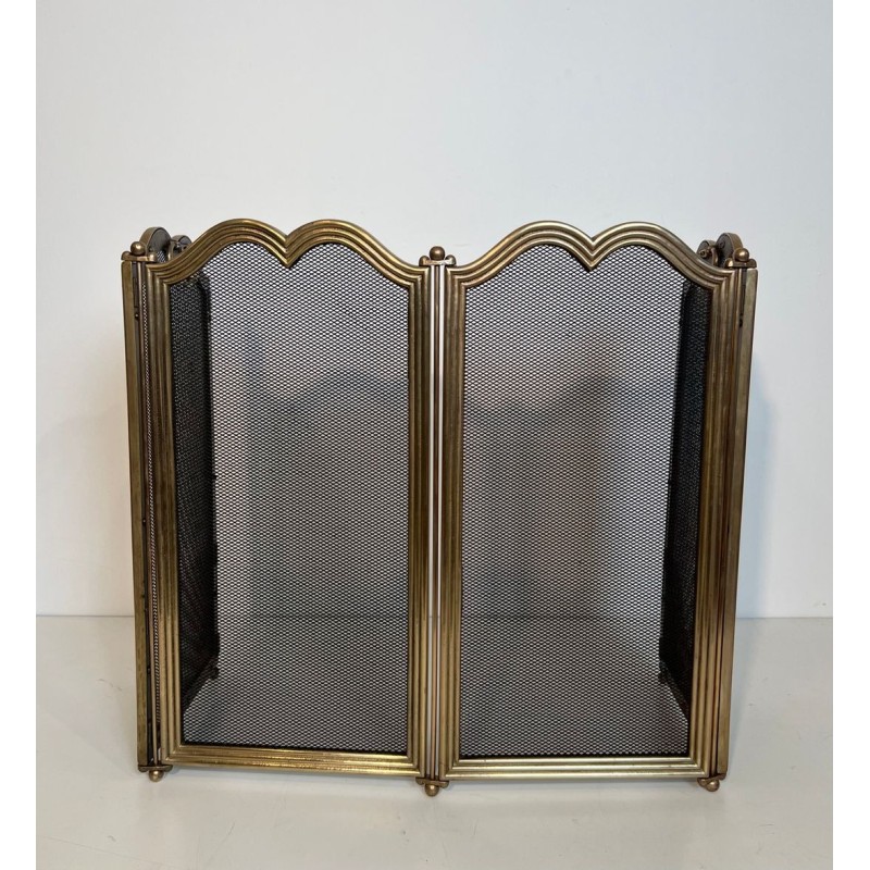 Ornate Neoclassical Brass and Wire Mesh Four-Panel Folding Fireplace Screen, Italian circa 1970