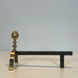 Pair of Neoclassical Brass and Iron Andirons with Pine Cone Finials, in the Style of Maison Jansen, circa 1940