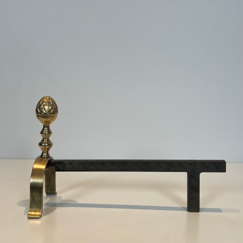 Pair of Neoclassical Brass and Iron Andirons with Pine Cone Finials, in the Style of Maison Jansen, circa 1940