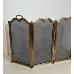 Ornate Neoclassical Brass and Wire Mesh Four-Panel Folding Fireplace Screen, Italian circa 1970