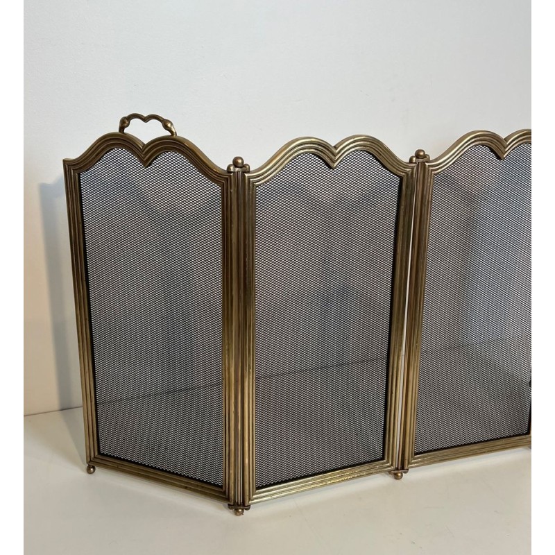 Ornate Neoclassical Brass and Wire Mesh Four-Panel Folding Fireplace Screen, Italian circa 1970
