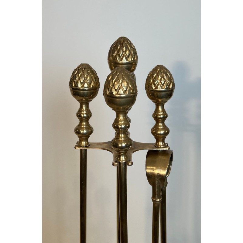 Grand Nécessaire de Cheminée en Laiton aux Pommes de Pin, dans le Goût de Baguès, vers 1970