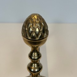 Pair of Neoclassical Brass and Iron Andirons with Pine Cone Finials, in the Style of Maison Jansen, circa 1940